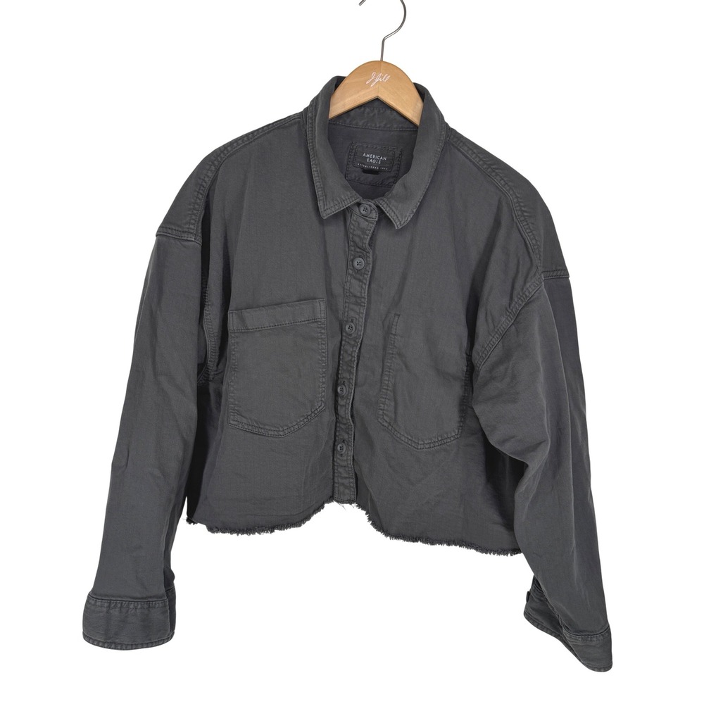 American Eagle Women Military Crop Raw Hem Button Jacket Shacket Gray XL Utility